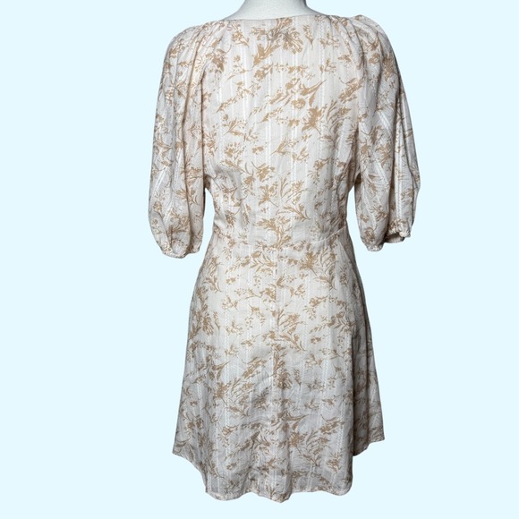 Lucy Paris Floral V-Neck Puff Sleeve Mini Dress Beige Women's Medium - Picture 2 of 10
